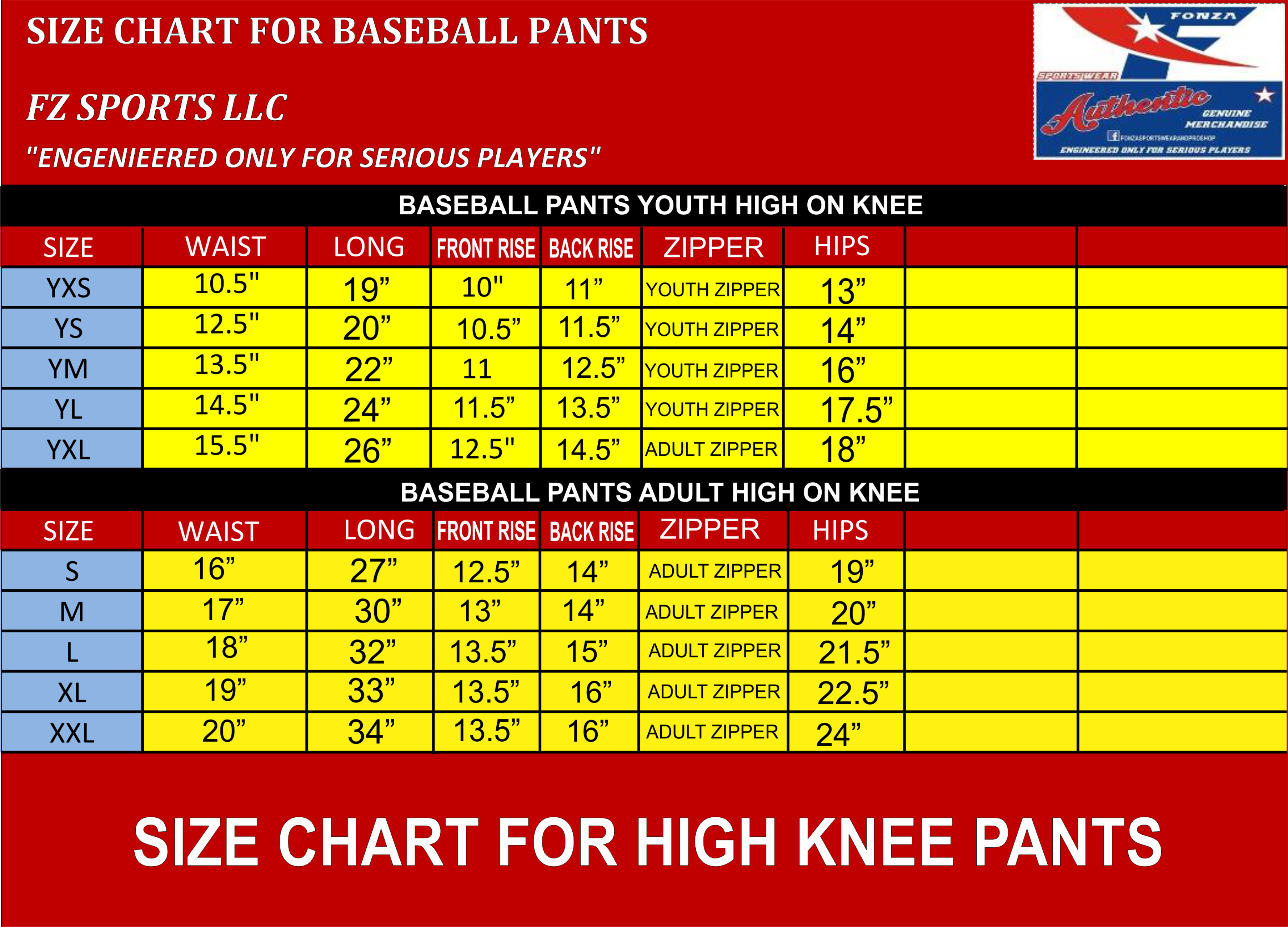 Baseball Pant Sizes Charts 
